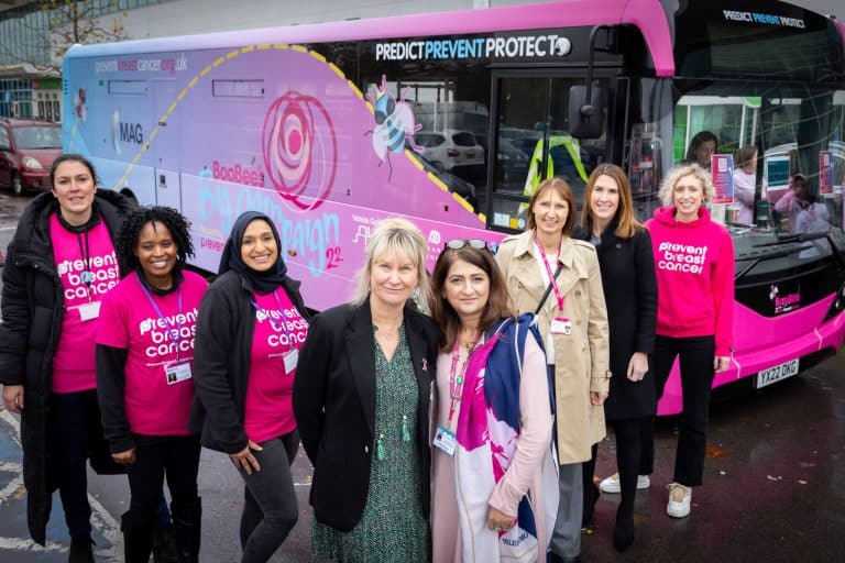 THE BIG PINK BUS HITTING THE STREETS OF MANCHESTER TO RAISE AWARENESS OF BREAST SCREENING