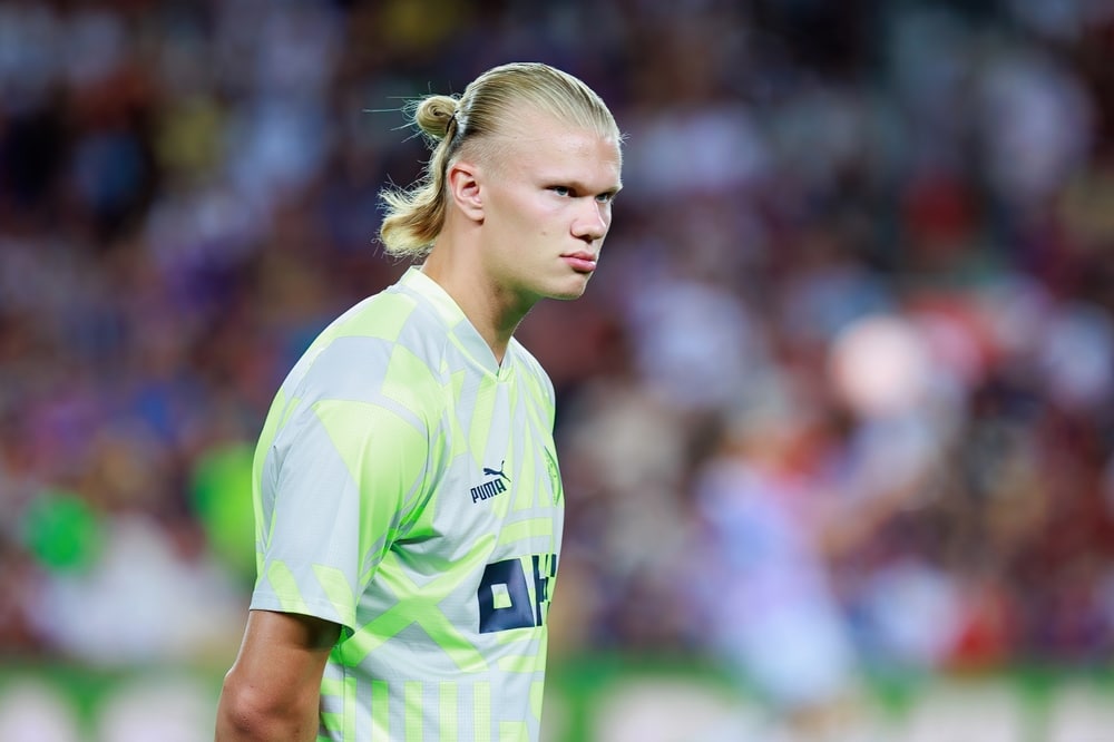 Man City striker Erling Haaland playing football