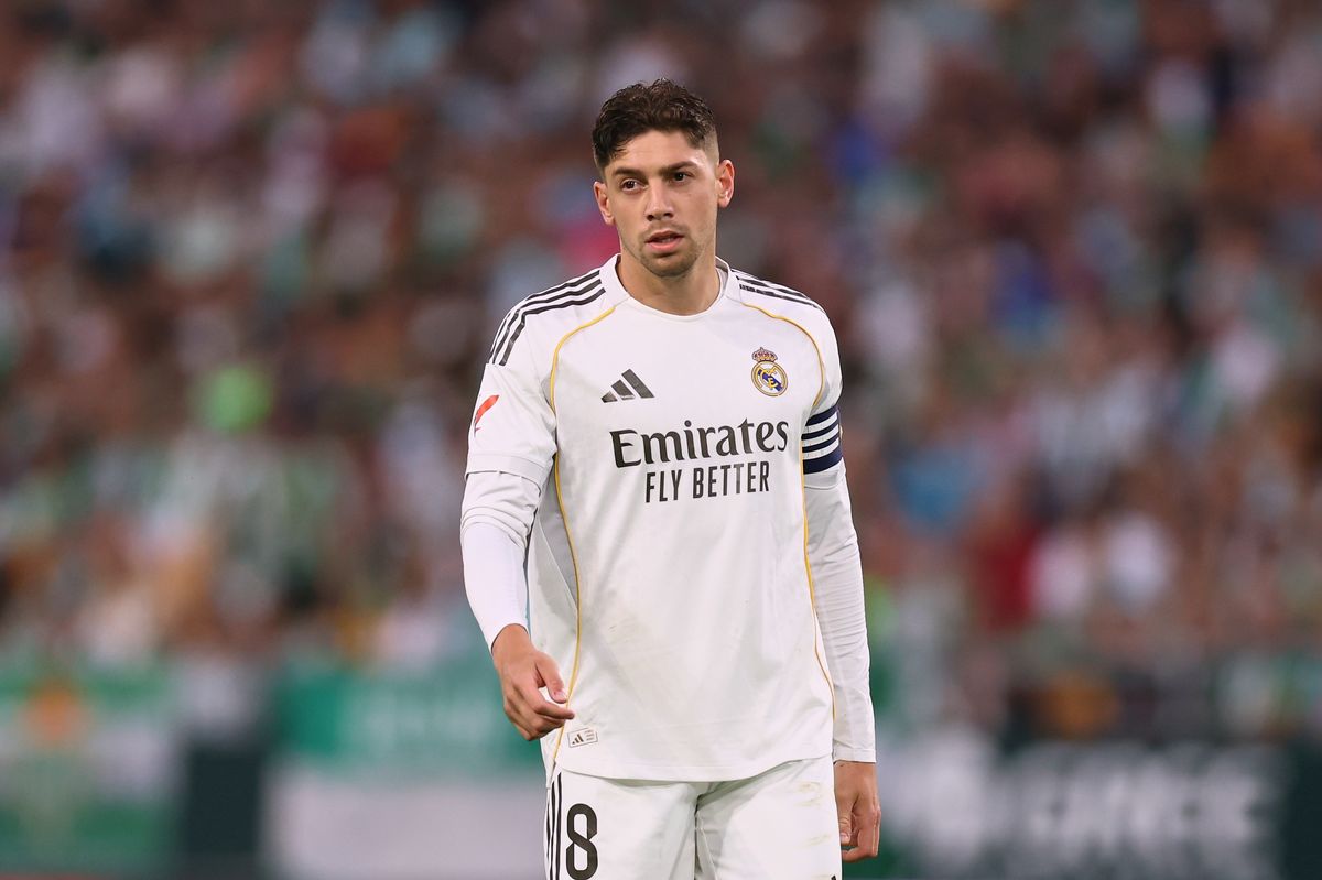 Federico Valverde of Real Madrid looks on during the LaLiga EA Sports match between Real Betis Balompie and Real Madrid CF at Estadio La Cartuja on April 24, 2026 in Seville, Spain.